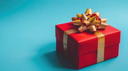 Obraz premium Red gift box with gold ribbon on blue background