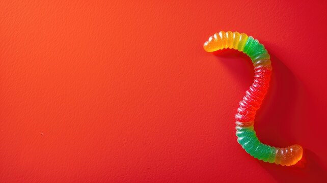 Colorful gummy worm candy on vibrant red background
