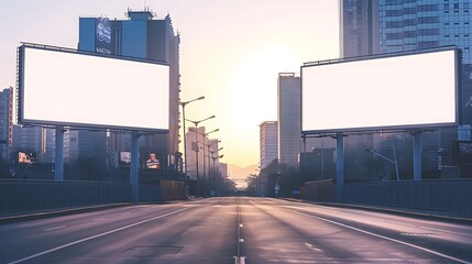 City road adorned with two large rectangular blank billboards, reflecting the early morning light.