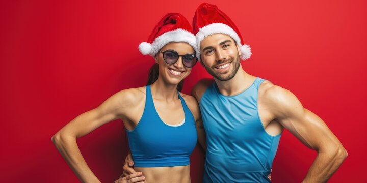 Fit couple wearing Santa hats on a red background. Studio portrait. Christmas holiday and fitness concept for posters, wallpapers, and banners. Horizontal composition.