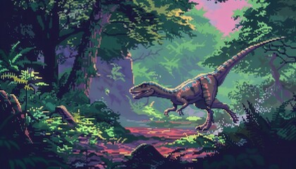A beautiful digital painting of a dinosaur roaming in a lush, vibrant prehistoric jungle with sunlight filtering through the trees.