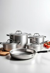 steel cookware  and pan on white background, copy space for text, ad shot. 