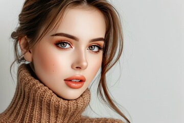 Thoughtful portrait of a woman with long brown hair capturing her serene and pensive expression in soft lighting