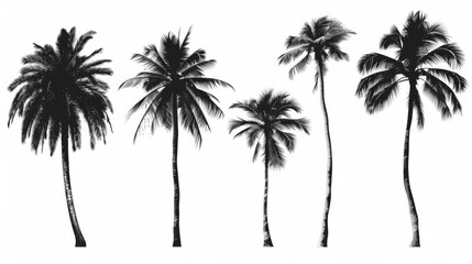 This image features a set of beautifully arranged silhouetted palm trees standing erect, demonstrating their variety and elegance against a simple white background.