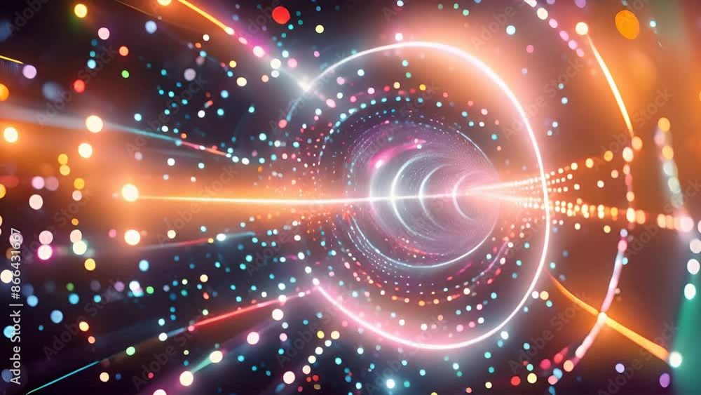 Poster a mesmerizing animation of a glowing light tunnel with abstract shapes and colors