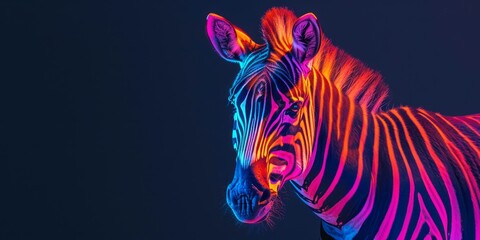 Vivid Neon Zebra Portrait in Minimalistic Style on Dark Background with Striking Colors