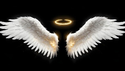 A pair of large, isolated white angel wings with a glowing gold halo floating in a background