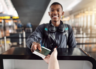 Black man, airport and happy with passport at help desk for journey, travel and boarding. Female person, tourist and ticket or document as identity check on flight for holiday and adventure smile