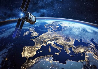 Naklejka premium Satellite Over Europe at Night