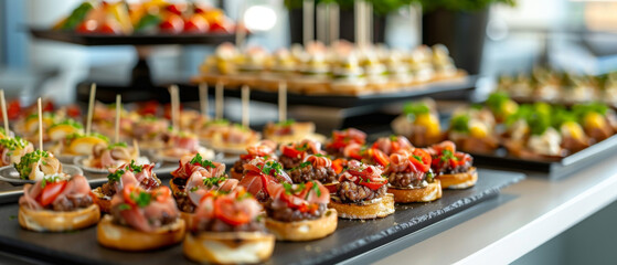 Professional catering with canapes and snacks at a business meeting in the office.
