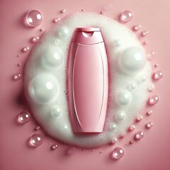 Pink shampoo bottle against a gradient background with copy space