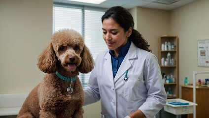 Hispanic veterinarian consults with a woman holding a poodle inside a clinic room