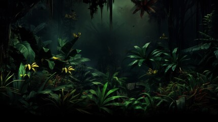 A dense jungle scene is depicted with lush green foliage and vibrant plants. The atmosphere is misty and mysterious, capturing the essence of a thriving tropical rainforest.