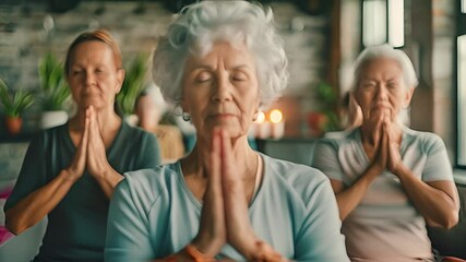 A group of senior women practice meditation together in a class setting