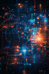 Naklejka premium Digital circuits, binary codes, and neural network patterns in a futuristic background for AI technology.