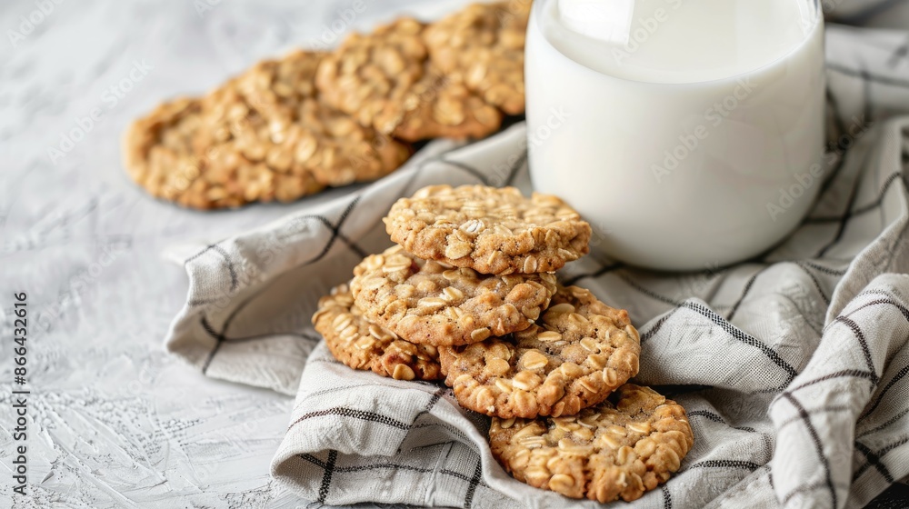 Sticker Milk and ginger oatmeal cookies with towel on grey surface