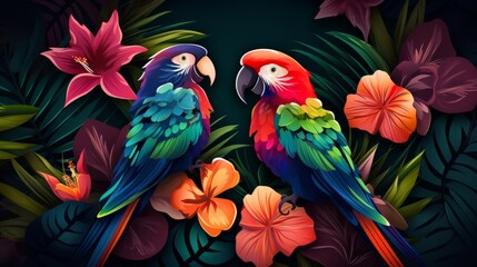 Obraz premium A pair of colorful parrots with intricately detailed feathers perch amidst vibrant jungle flowers, showcasing tropical beauty and diversity under a dark canopy.