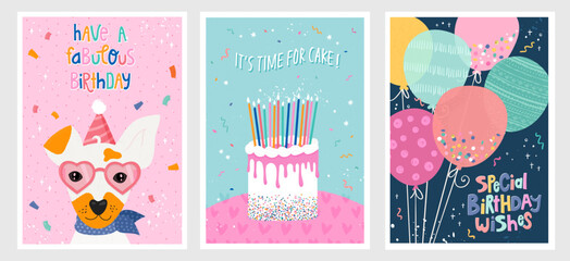 Set of birthday postcards with confetti, balloons, cake, a dog and fun hand writing. Invitations, happy birthday. Vector templates great for card, poster, flyer or banner