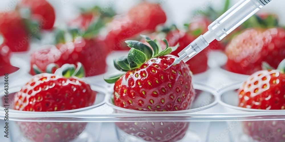 Poster extracting dna from strawberries in a laboratory experiment using a needle. concept dna extraction, 