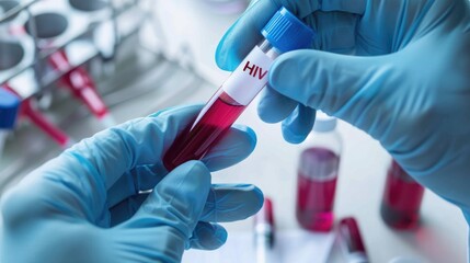 Gloved Hands Holding a Test Tube Labeled HIV