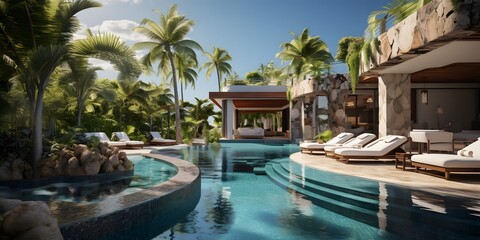 Fototapeta premium Lounge With Tropical Poolside Relaxation, Luxurious poolside retreat with elegant tropical