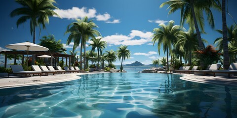 Obraz premium Lounge With Tropical Poolside Relaxation, Luxurious poolside retreat with elegant tropical