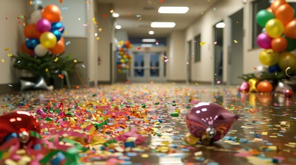 office confetti Year Cleaning floor New party after aftermath air background balloon care celebration chaos christmas cleaner container corporate december decor dirty enjoyment event.