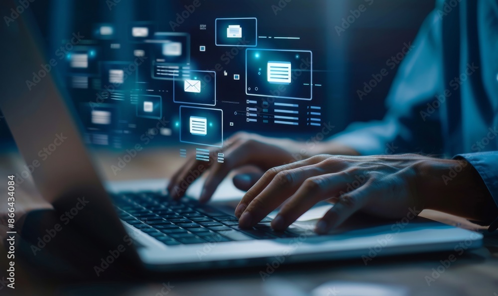 Poster man working on laptop with digital interface