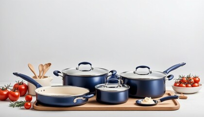 steel cookware  and pan on white background, copy space for text, ad shot. 