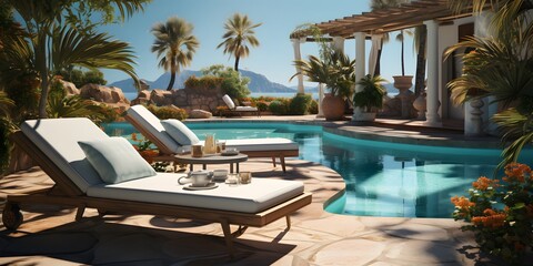 Fototapeta premium Lounge With Tropical Poolside Relaxation, Luxurious poolside retreat with elegant tropical