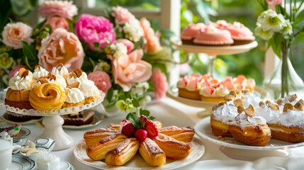 A table with pastries and flowers on it.