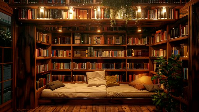 Inviting library nook with books and soft lighting, tranquil loop video background