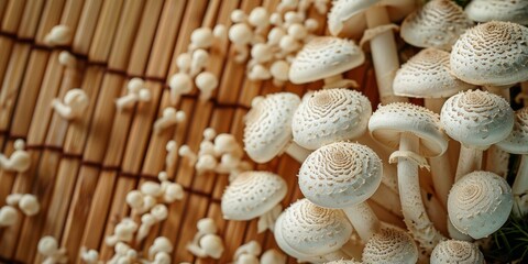 Cluster of White Mushrooms on Wooden Surface with Natural Light in Rustic Setting