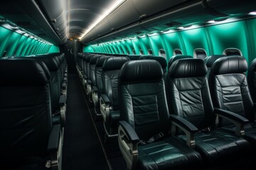 Fototapeta premium Comfortable black leather seats in a modern planes economy class cabin with blue ambient lighting. Suitable for travel, tourism, and aviation industries.