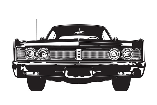 Fototapeta Vintage american muscle car from the 1960s low angle frontal view silhouette vector illustration