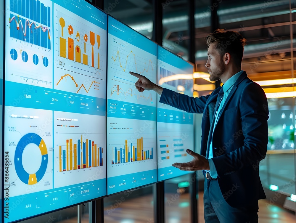 Poster male professional presenting data analytics on large interactive display in corporate office setting