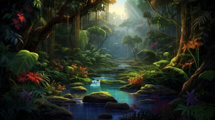 A vibrant jungle featuring colorful exotic flowers along a bubbling creek, flanked by lush greenery and highlighted by a warm, welcoming sunlight piercing through the canopy.