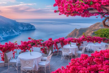 Vibrant Floral Patio Overlooking Sea Mediterranean Terrace Bright Bougainvillea Blooms Scenic Coastal View