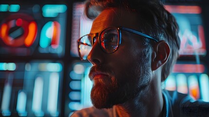 Businessman Analyzing Futuristic Market Trends with Advanced Charts and Data in Modern Office