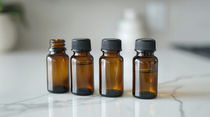 Four amber glass bottles with black caps sit on a white surface, ready to store your liquids or powders safely and securely.