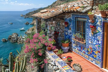 Fototapeta premium Quaint Coastal Cottage with Bougainvillea Mediterranean Seaside Charm Colorful Floral Decor