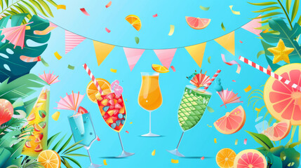 Get creative with your summer party designs! This vector illustration includes a banner, poster, and card template to help you plan your celebration.