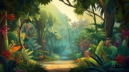 A colorful jungle pathway surrounded by lush vegetation and dappled light. The vibrant plants and trees create an inviting and exotic atmosphere, full of color and life.