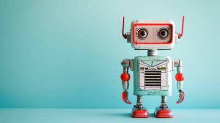 Fototapeta premium Retro-style toy robot with red arms and teal body standing against light blue background