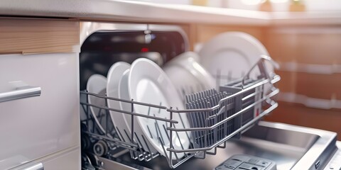 Efficiently Scheduled Dishwasher Saves Costs by Utilizing Energy Data. Concept Energy Efficiency, Cost Savings, Smart Appliances, Efficient Scheduling