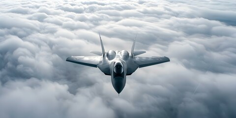 Aerial view of a high-speed military fighter jet flying through clouds. Concept Aerial Photography, Military Aircraft, Fighter Jet, Clouds, High Speed