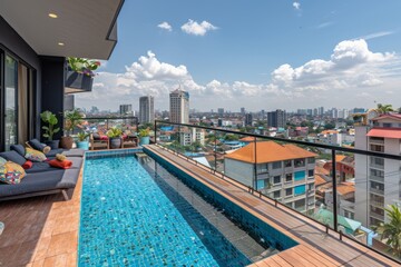 Fototapeta premium Modern rooftop pool with cityscape view featuring a luxurious and contemporary design perfect for urban living and relaxation in a vibrant metropolitan setting