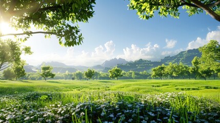 Obraz premium Green landscape with clear skylush greenery open area