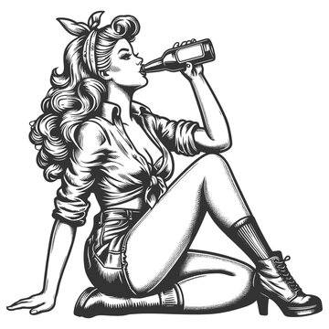 recommend clip art: woman drinking beer from a bottle while sitting sketch engraving generative ai fictional character vector illustration. Scratch board imitation. Black and white image.