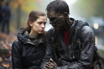 Fototapeta premium In a mystical forest, a young woman befriends a hideous monster. Together, they find solace and strength in their bond as they overcome challenges.